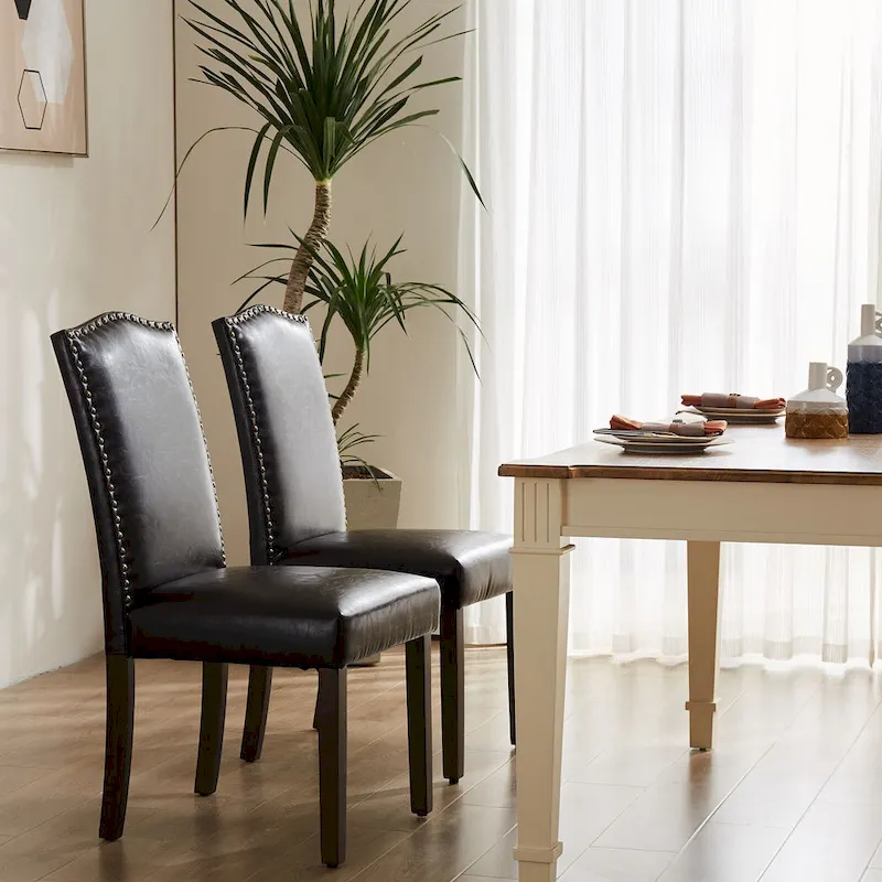 Upholstered Dining Chair Set of 2 with Nailhead Trim and Wood Legs