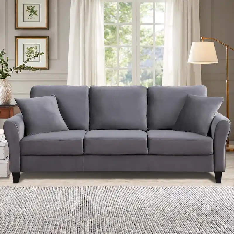 3-Seater Velvet Sofa with 2 Pillows, Black/White/Grey, Wood Frame, 3-Person