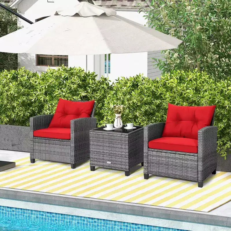 Costway 3PCS Patio Rattan Furniture Bistro Set Cushioned Sofas Side Table Armrest Red/Grey/Navy/Turquoise/Black
