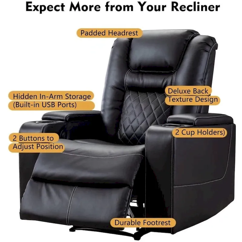 Black / Brown Electric Power Recliner Chair with Cup Holders & USB Ports – Home Theater Style, 1 Person Use