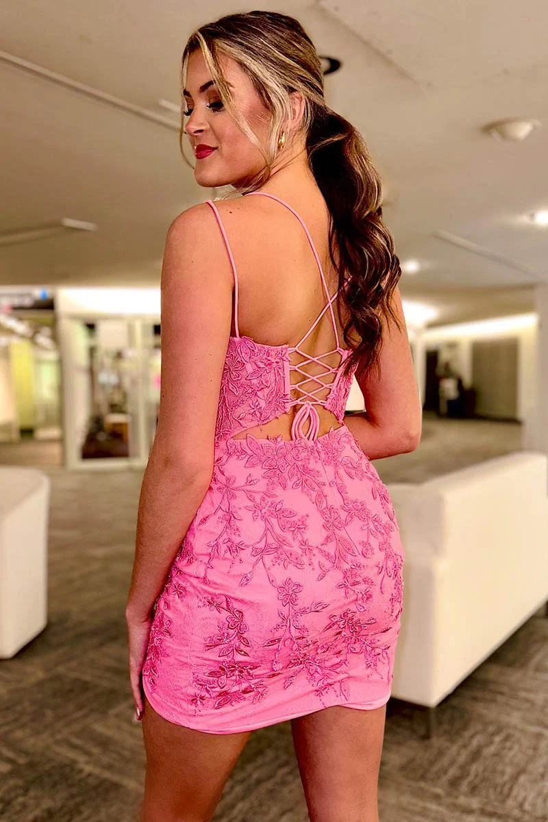 Sheath V Neck Lace Appliques Homecoming Dress