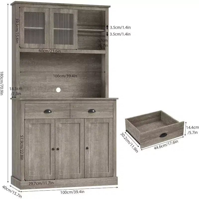 GustoWave 5-door Kitchen Pantry Cabinet, 71 Tall Storage Pantry with Microwave Stand, Modern Kitchen Hutch Cabinet, Rustic Grey