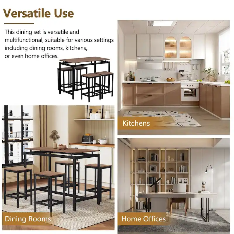 5-Piece Industrial Bar Table Set with Rectangular Table & 4 Chairs