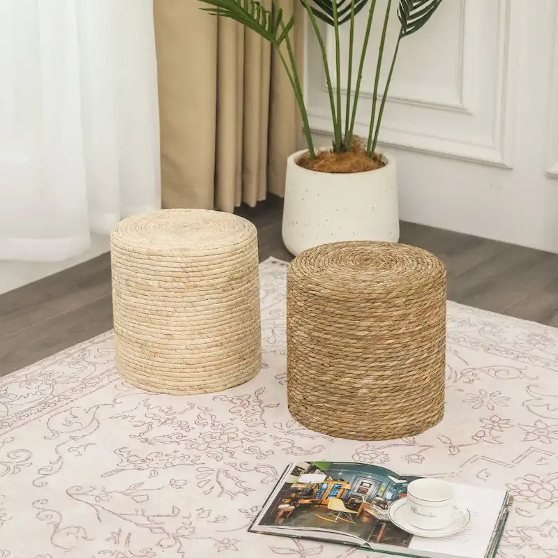 Adeco Set of 2 Foot Stool Natural Cattail Hand Weave Poufs Ottoman