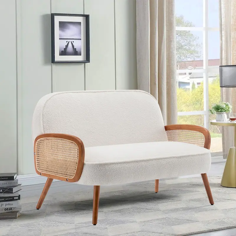 Teddy White 2-Seat Loveseat with Natural Rattan Arms, Mid-Century Modern Style