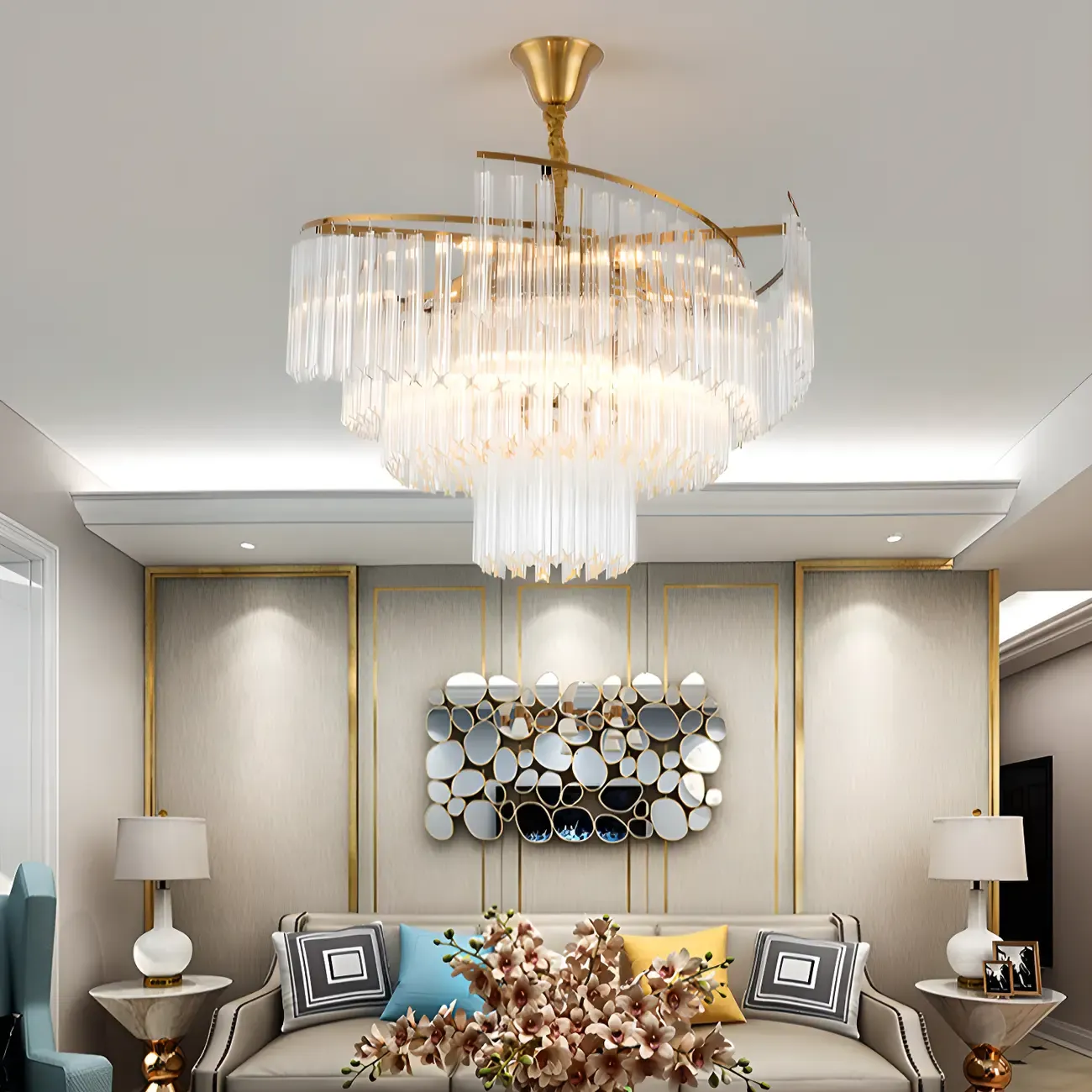 Modern Tier Round Gold Crystal Chandelier Height Adjustable