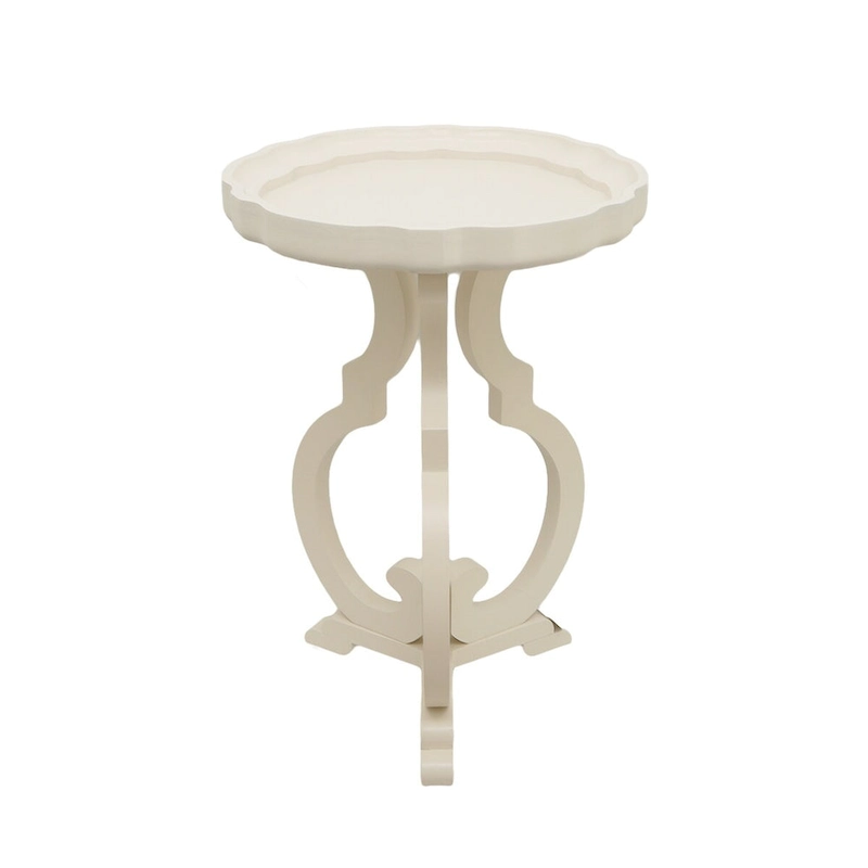 French Country Wood Side Table with Scalloped Edge Tray Top and Curved Legs