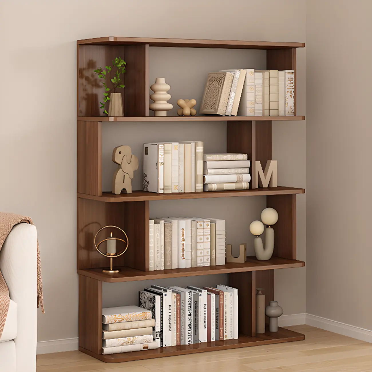 Mid-Century Vertical Walnut Wood Bookcase Open Back