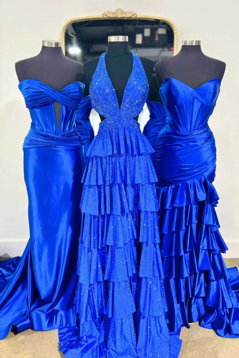 Royal Blue - A-Line V Neck Satin Beaded Long Prom Dresses With Ruffles