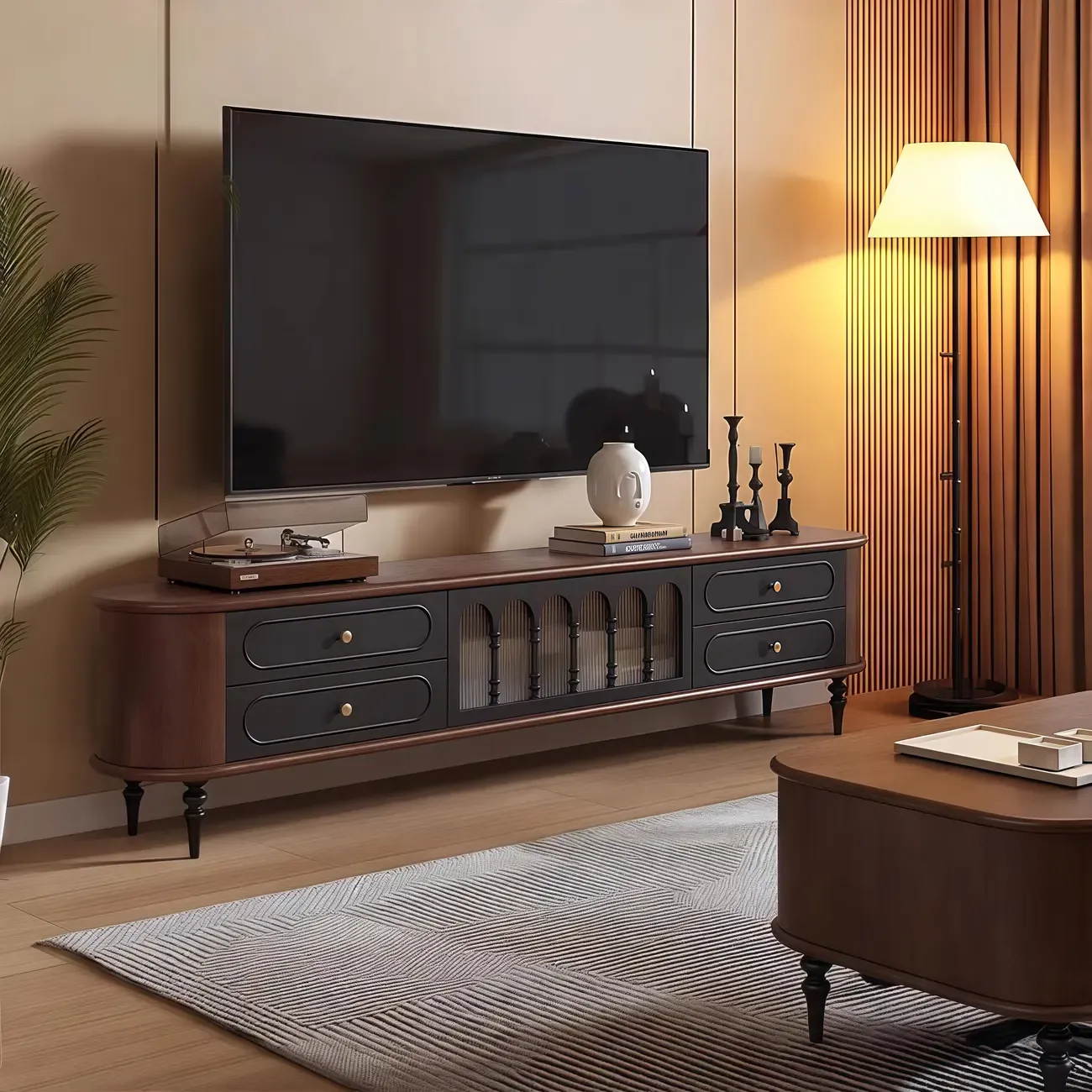 Modern Long Wooden 4-Drawer TV Stand with Doors