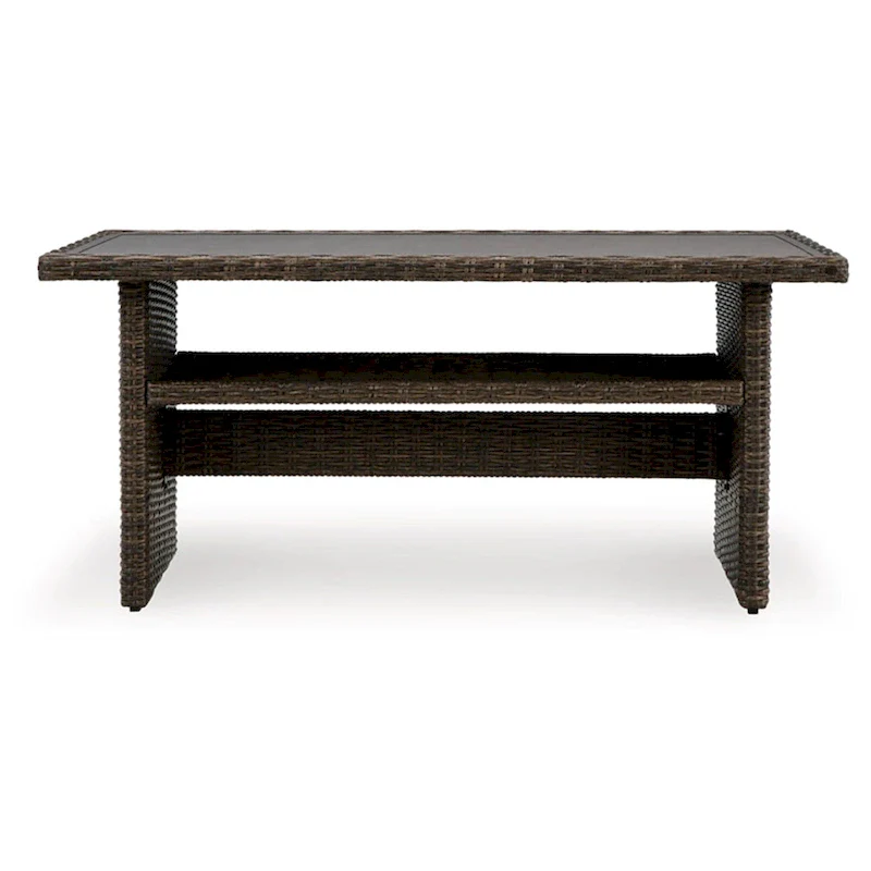 Soha 59 Inch Outdoor Multi Use Dining Table, Resin Wicker with Shelf, Brown