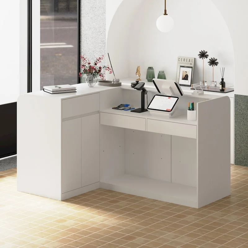 White Welcome Desk with Side Drawer and Cabinet - Reception Solution