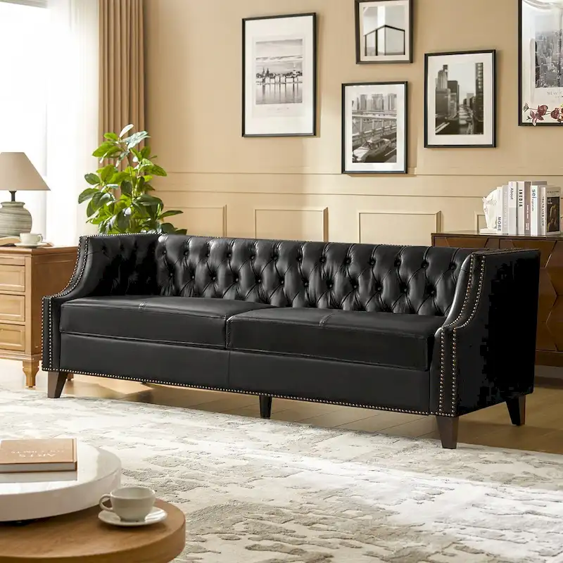 Eugne Transitional Genuine Leather Tufted Design Sofa with Solid Wood Legs by HULALA HOME