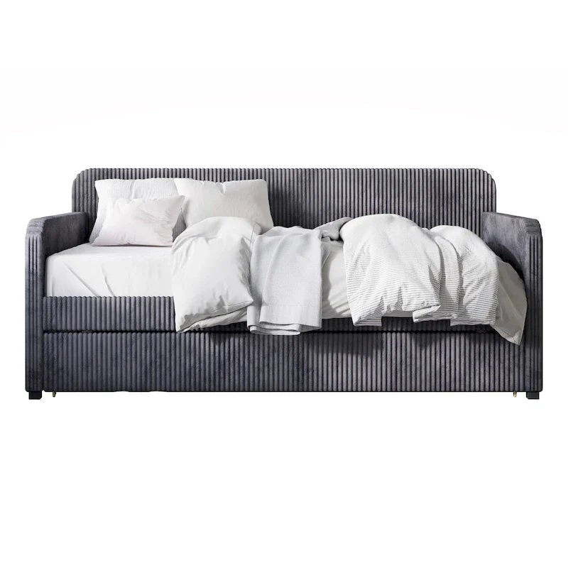 Velvet Twin Upholstered Daybed with Trundle – Black / Grey / Blue, Sleeps 1–2