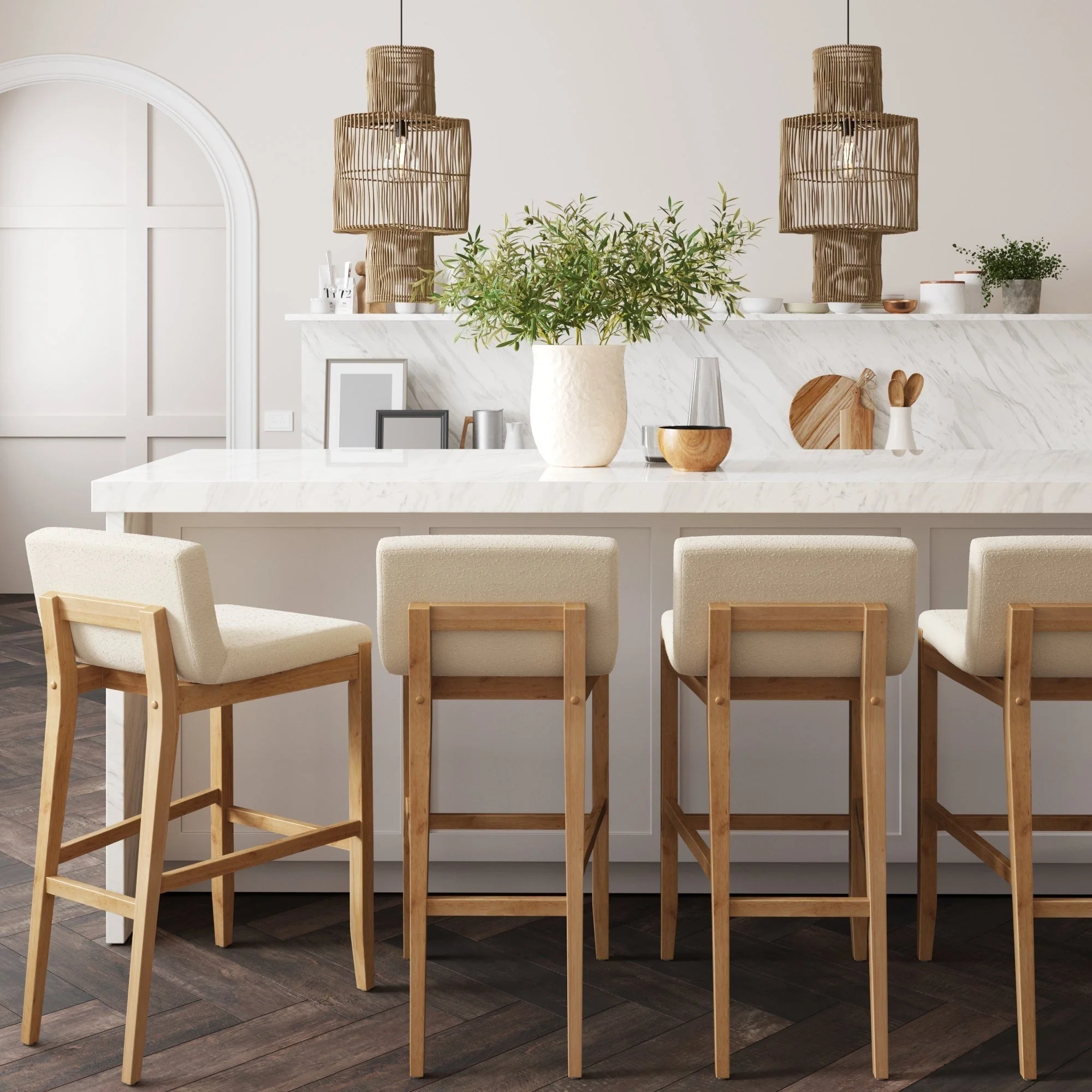 Gracie Modern Bar Stool, Boucle Upholstered Chair and Brushed Wooden Legs