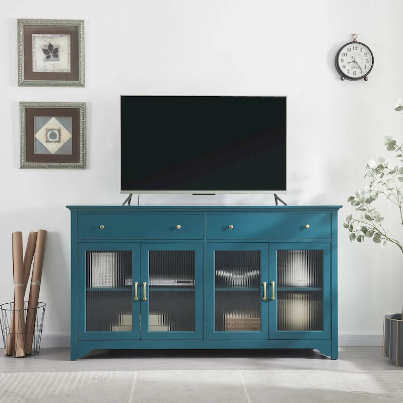 Modern Coastal Teal TV Cabinets with 2 Storage Cabinets, 2 Drawers and Gold Handles for Living Room and Bedroom