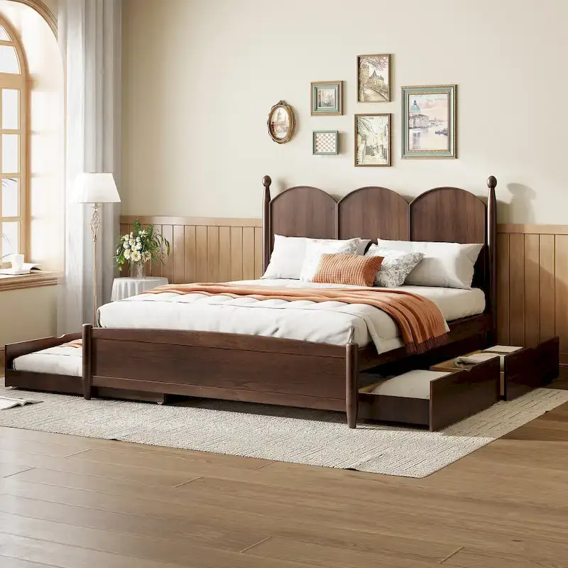 Grey / White / Walnut Queen Platform Bed with 2 Drawers & Twin XL Trundle – Single/Couple