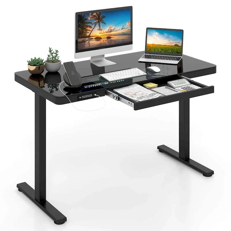 Black/White Electric Standing Desk with Drawer, Height-Adjustable, Single-Person, 48