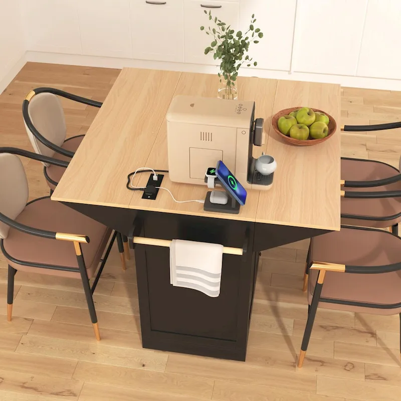 55.7 Kitchen Island with Drop Leaves, Rolling Cart with Power Outlet, Spice Rack, and 3 Drawers