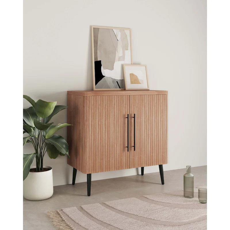 Wood Ribbed Accent Cabinet with Black Metal Legs - 32 inch TV Stand