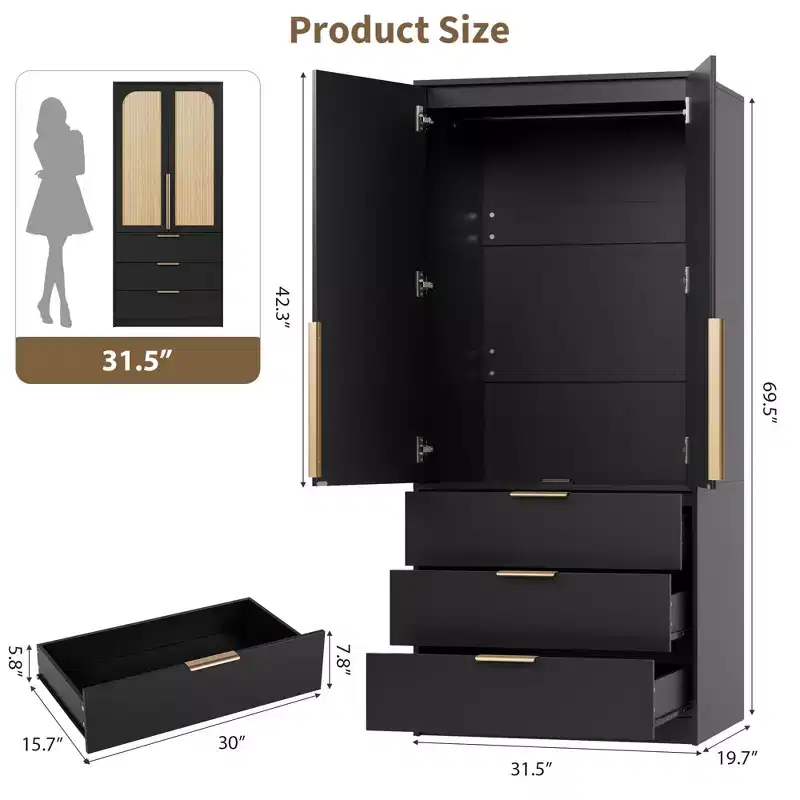 69.5 Tall Wooden Wardrobe Closet Armoire with 2 Rattan Doors, 3 Drawers & Hanging Rod. Large Freestanding Clothing Storage Cabinet for Bedroom