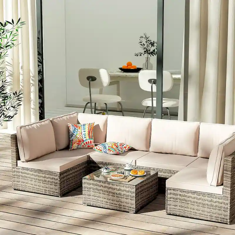 Light Brown 7-Piece Wicker Outdoor Sectional Set Patio Sofa Set with Beige Cushions and Coffee Table