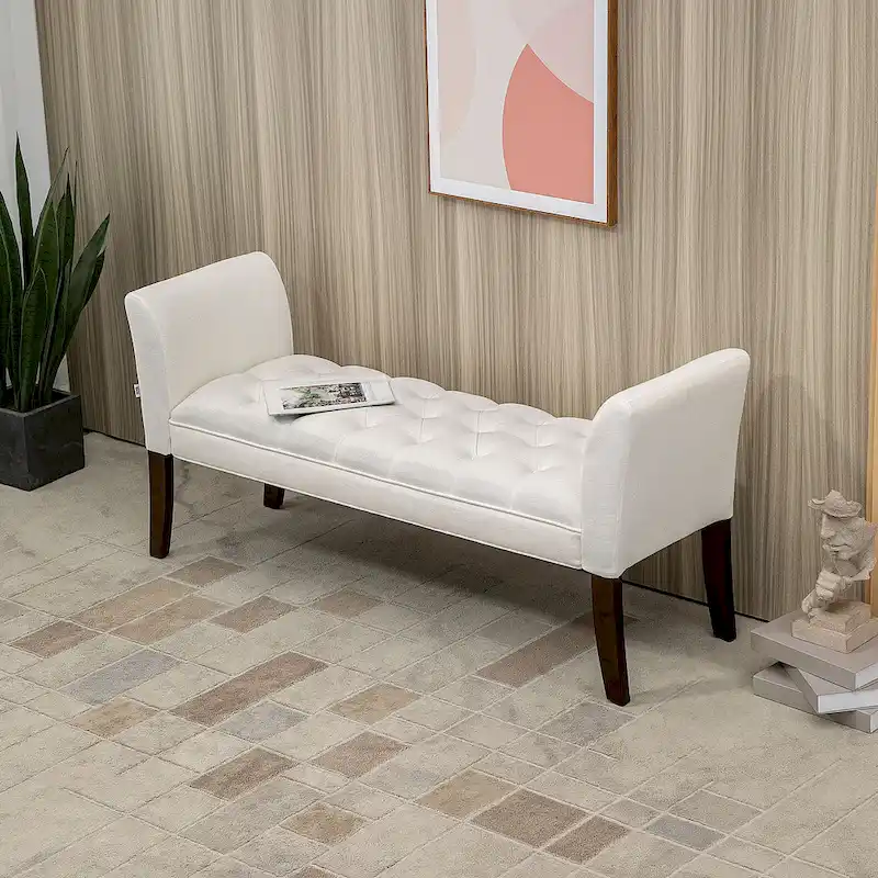Beige Button-Tufted Upholstered Bench with Arms - 55