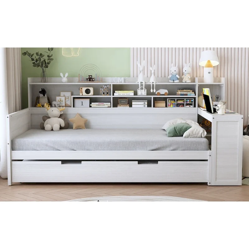 Twin Daybed with Shelves, Trundle & Desk
