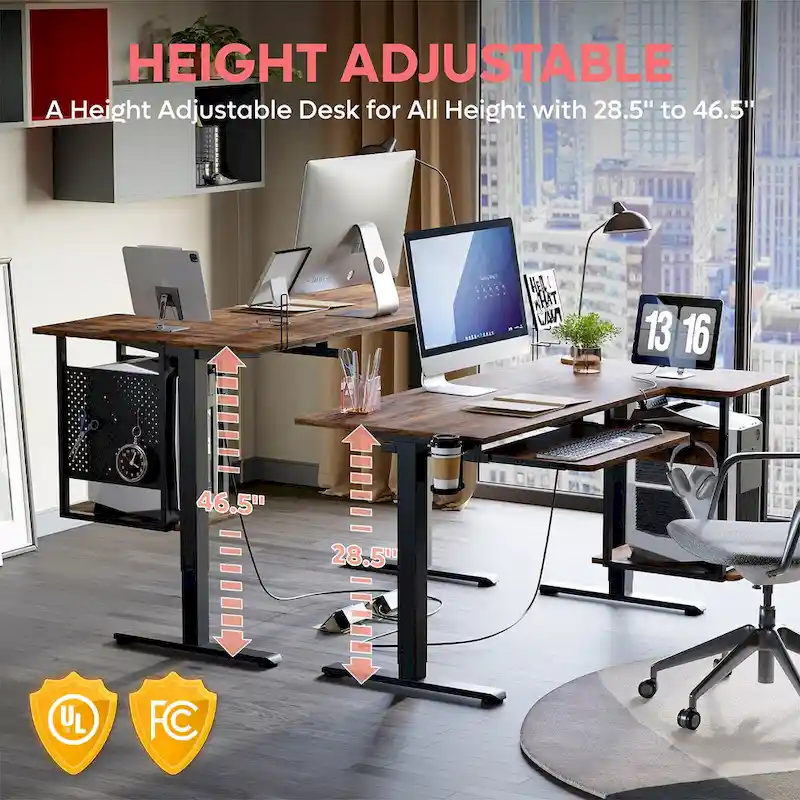 57 inch Electric Standing Desk Adjustable Height L Shaped Desk with Keyboard Tray and Host Shelf