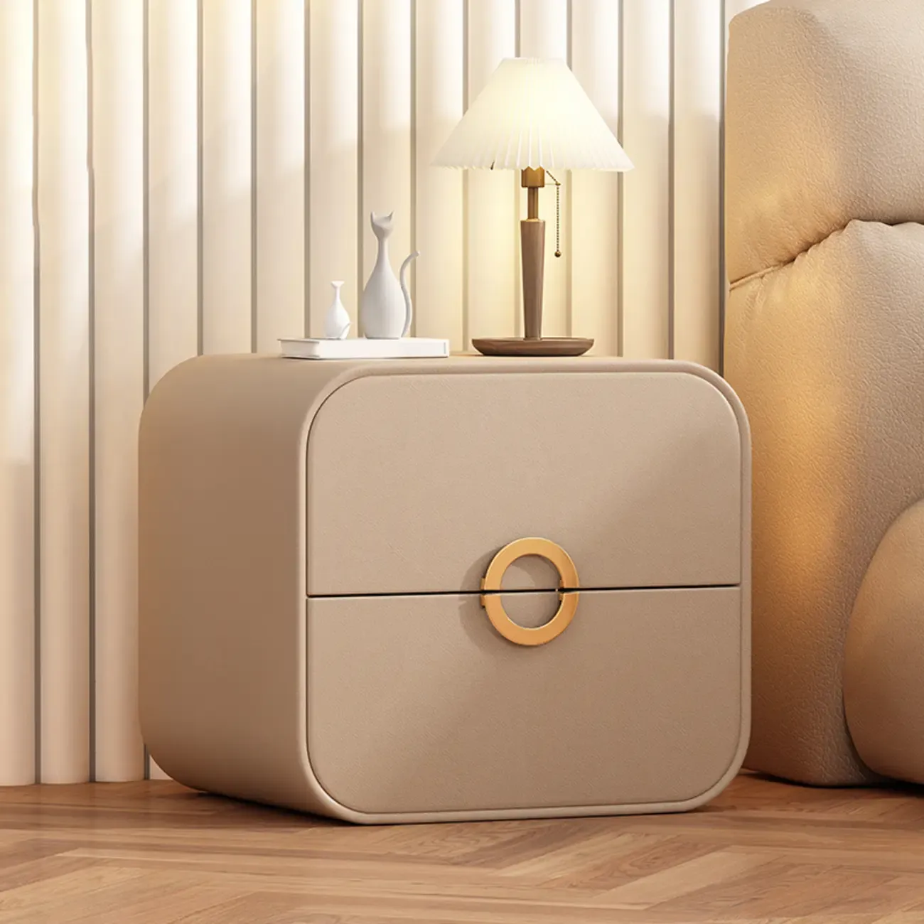 Modern Faux Leather Gold Ring Handle Nightstand with 2 Drawers