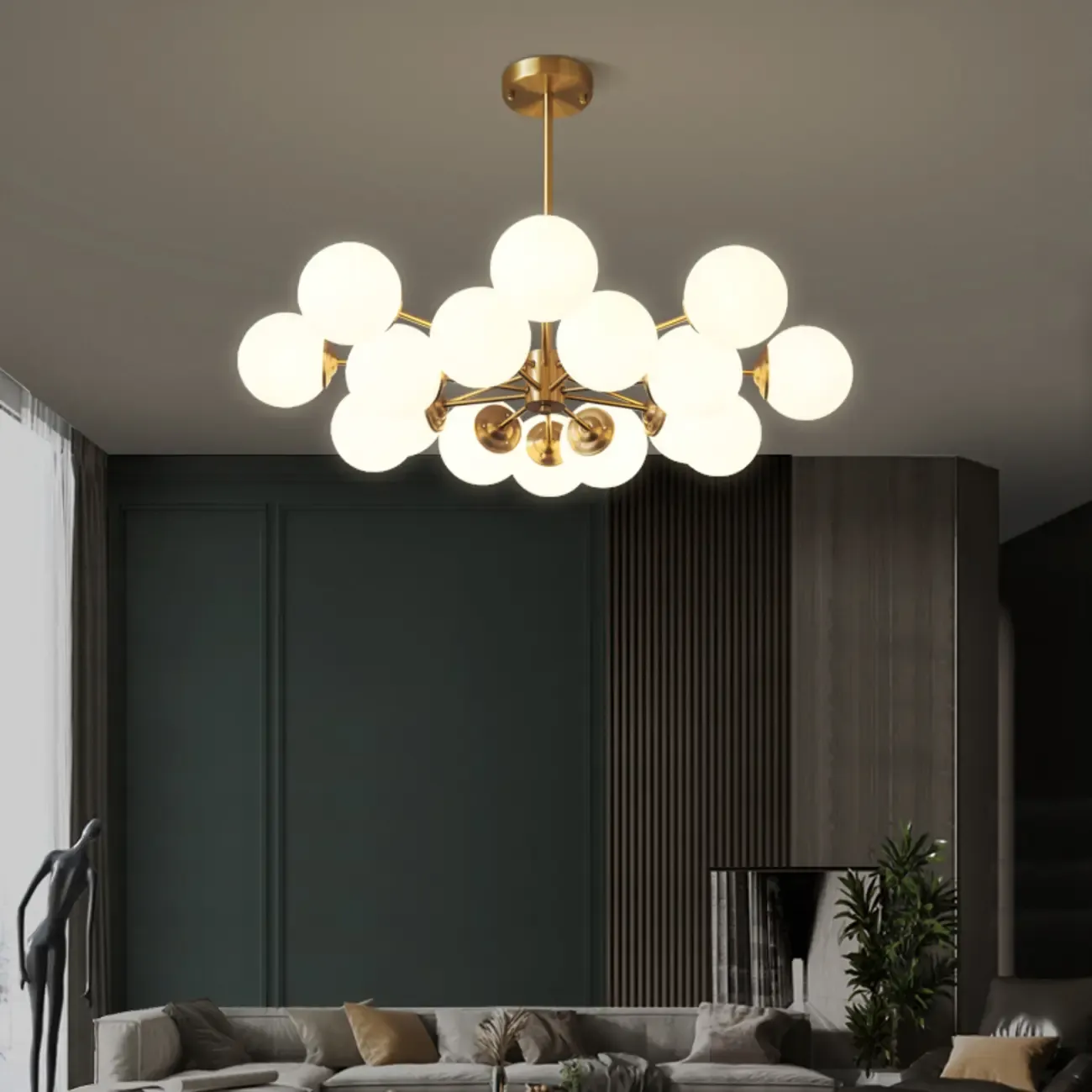 Modern Gold Sputnik Chandelier with White Glass Globe