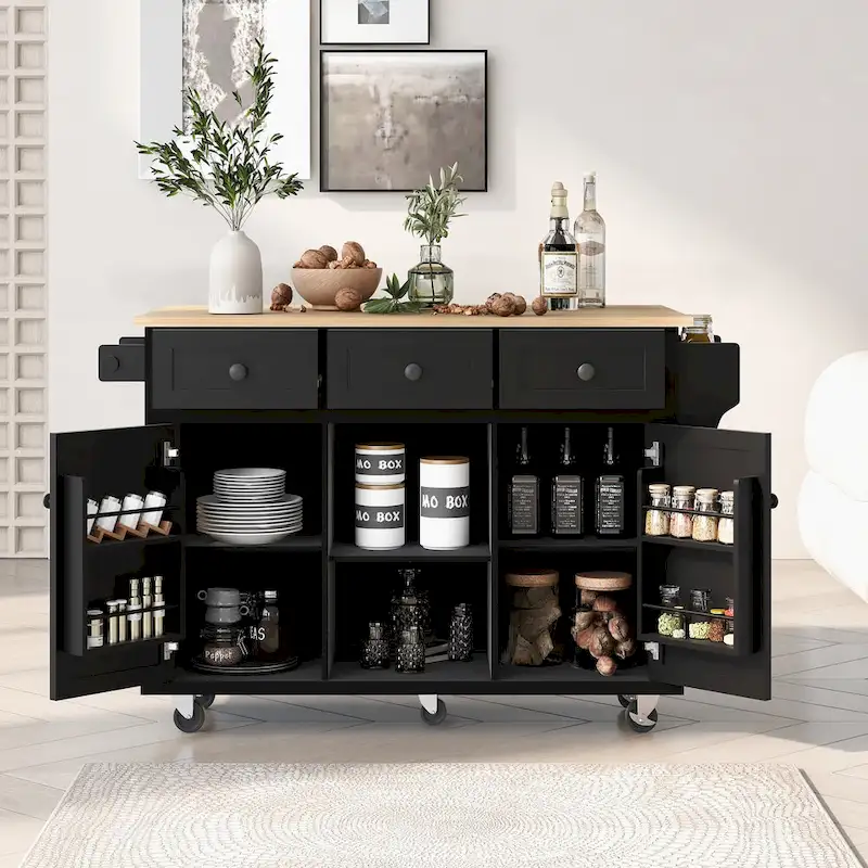 Black/Blue/White/Green Kitchen Cart with Drop-Leaf Countertop, Storage Cabinet & 3 Drawers