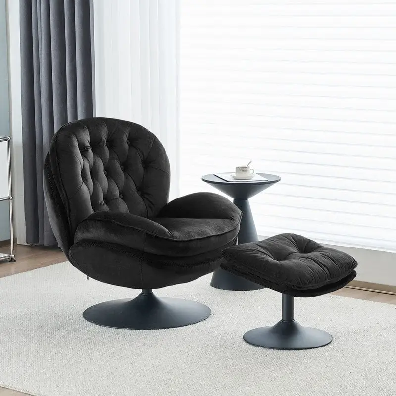 Velvet Swivel Accent Chair with Ottoman Round Reading Accent Chair Foot Stool Ottoman Set,360 Swivel,Metal Frame