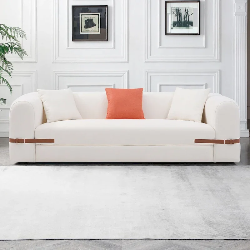 3-Seater Upholstered Sofa with Saddle Leather Belt Detail and Pillows