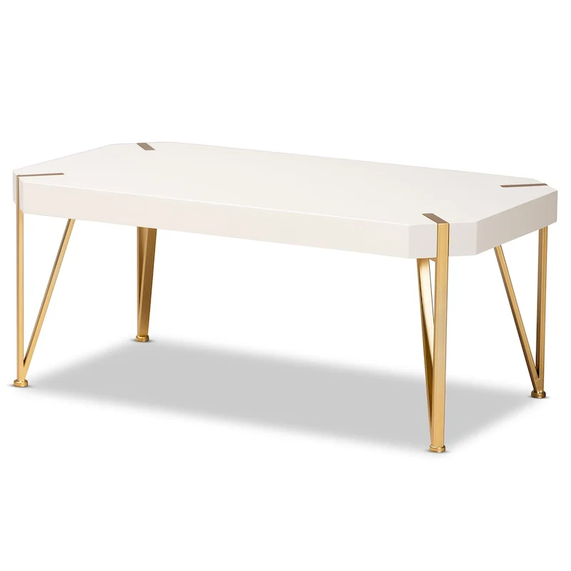 White & Gold Rectangular Coffee Table, Glam Style, 1-Piece