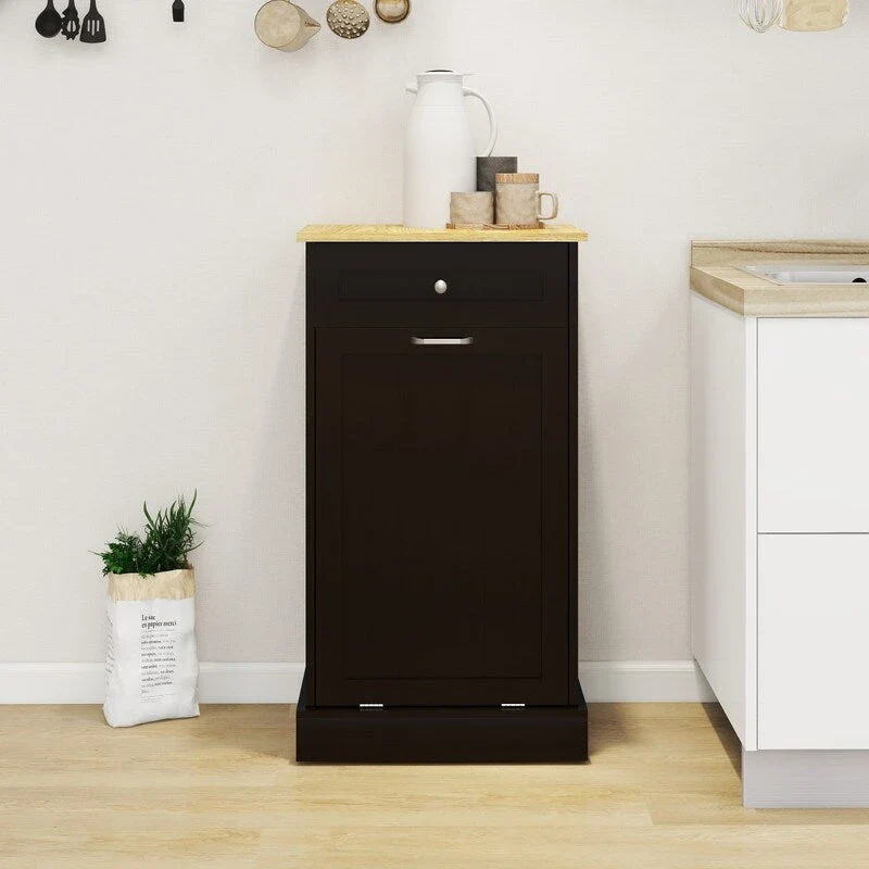 White/Black Tilt-Out Trash Cabinet with Drawer, Single Compartment