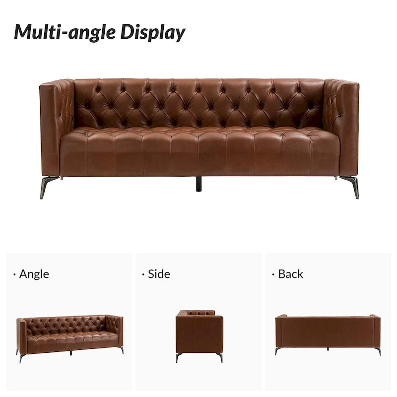 Transitional Genuine Leather Sofa with Metal Legs and Tufted Back