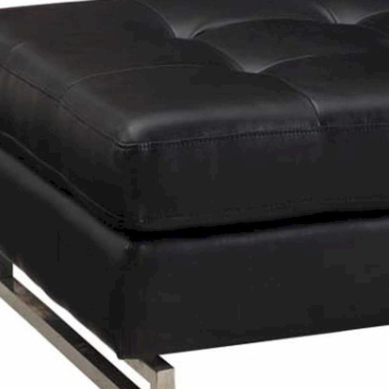 HomeRoots 63  Black Tufted Faux Leather and Silver Ottoman