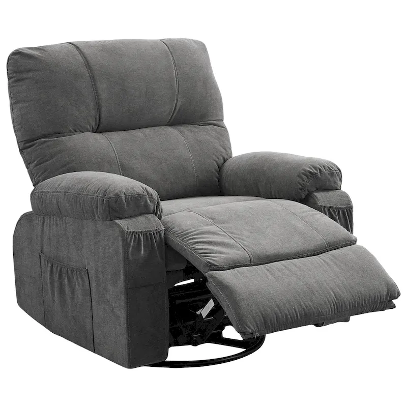 360 Swivel Manual Recliner Single Sofa Chair Fabric Lounge Chair with Pull Out Footrest and Side Pockets