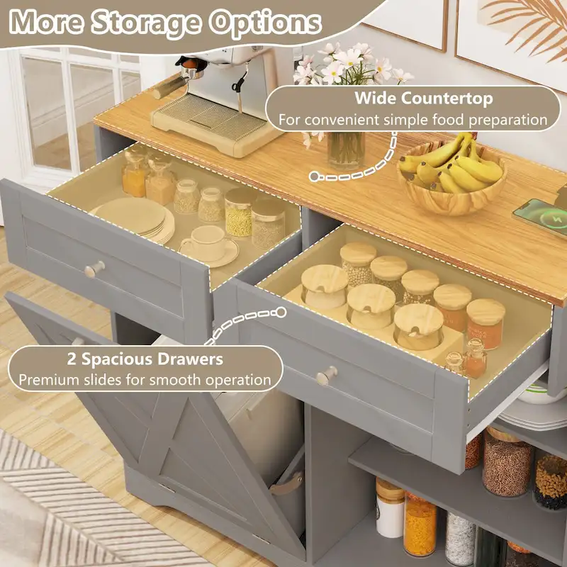 Gymax Tilt Out Trash Can Cabinet w/ Outlets 2 Drawers Adjustable Shelf