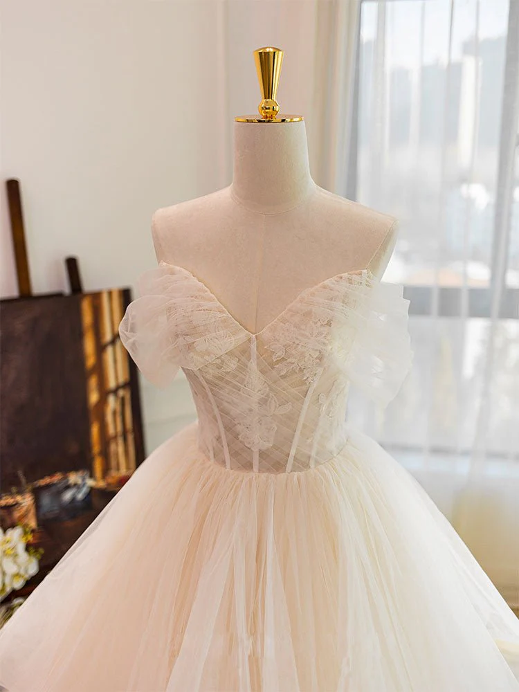 Champagne Tulle Lace Wedding Dress With Sweep Train