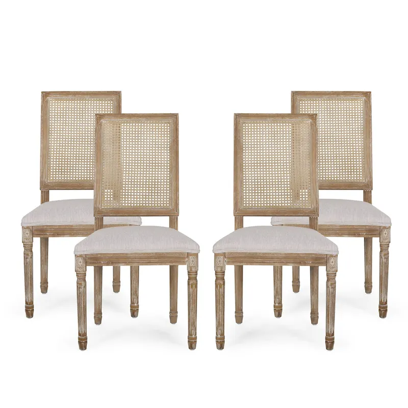 Natural Wood and Cane Upholstered Dining Chairs for 4 People