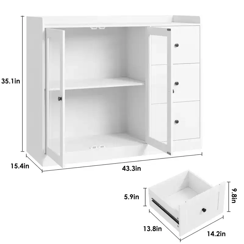 GustoWave Buffet Cabinet with Storage, 43 Modern Sideboard Kitchen Cabinet with Guardrail Design & Adjustable Shelves & 3 Drawers, Wood Buffet Table