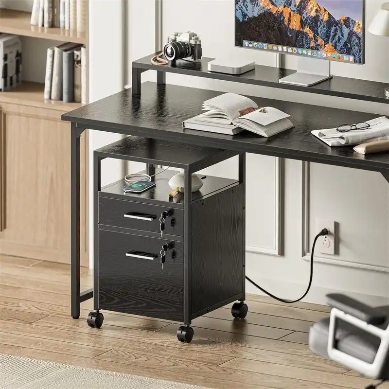 File Cabinet with Lock Charging Station 2 Drawers Rolling Filing Cabinet - 15.7 D x 15.7 W x 26 H