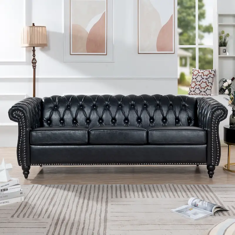 Chesterfield 3-Seater Sofa - Faux Leather Rolled Arm, Tufted Button Design, Easy Clean PU Upholstery