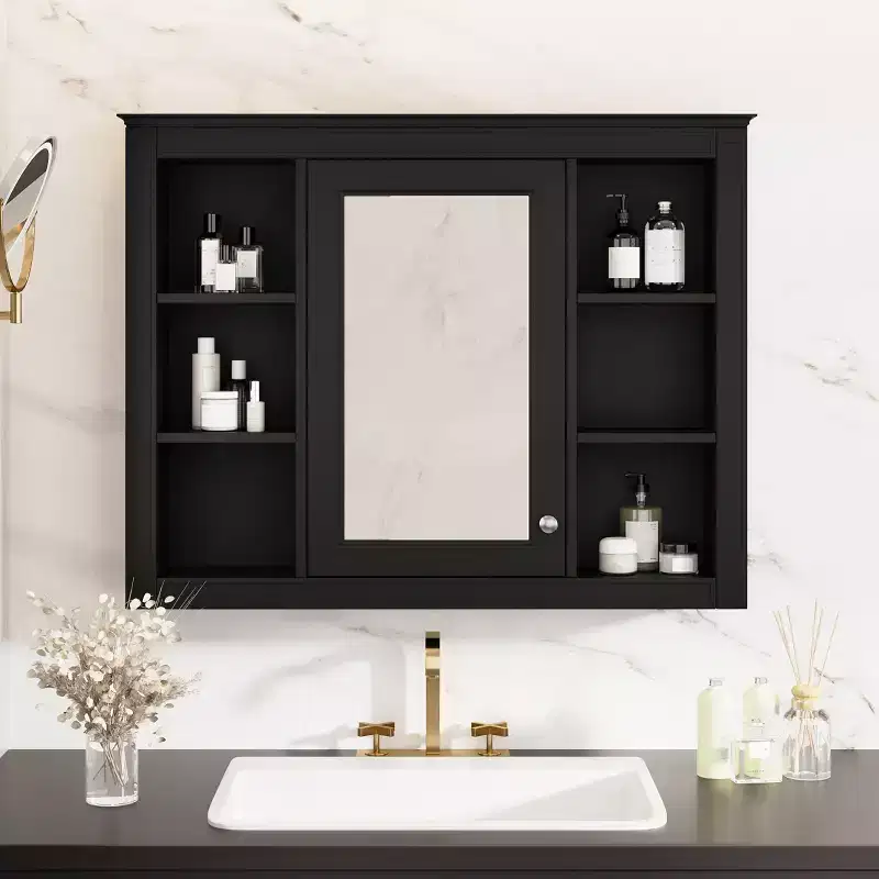 MAYEERTY 27.5 Medicine Cabinet, Wall Mounted Bathroom Storage Cabinet with Mirror 6 Open Shelves Modern Black