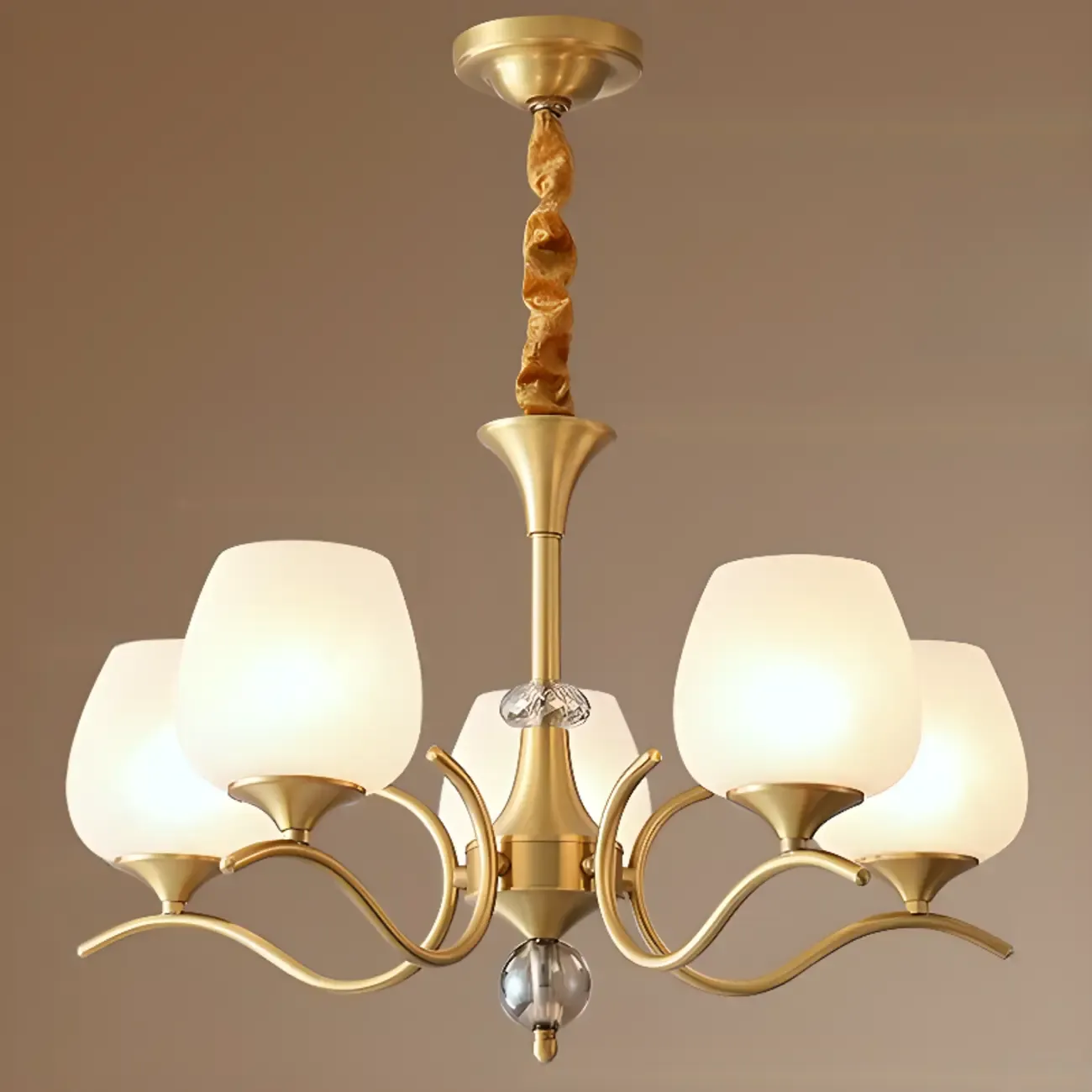 Mid-Century Modern White Glass Elegant Gold Chandelier