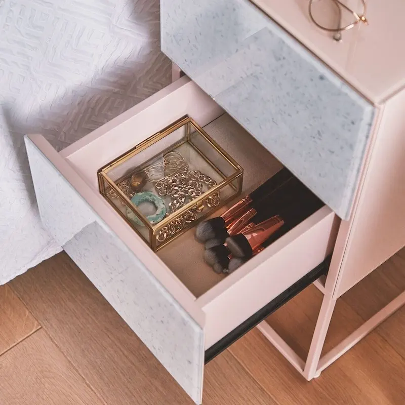 Marble Pattern Double Drawer Nightstand with Tempered Glass Top