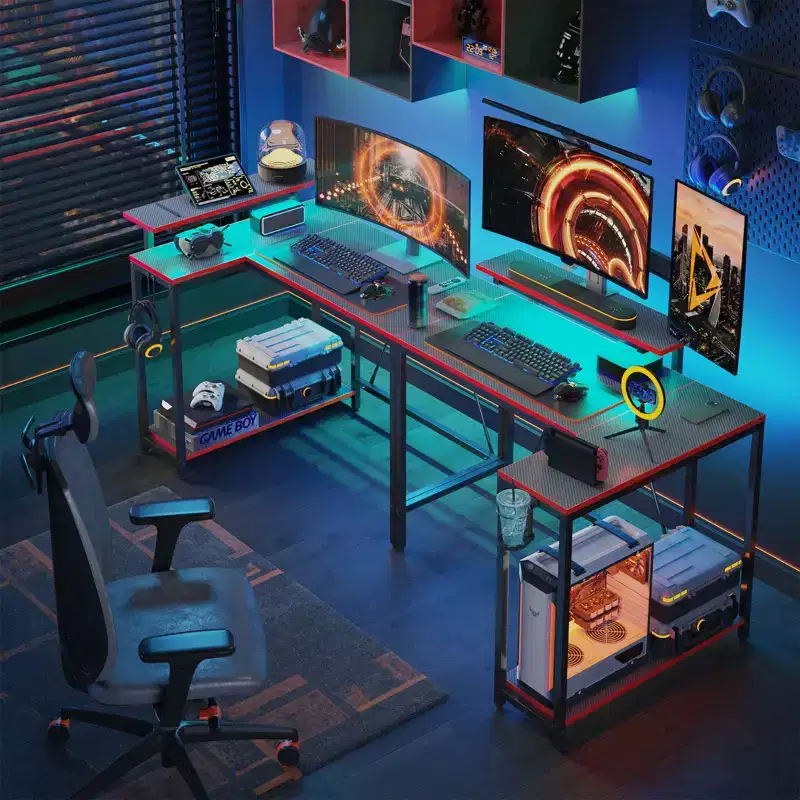 Pinmoco 42 Reversible L-Shaped Gaming Desk with Monitor Stand, LED Lights, Headphone Hook & Storage Shelves, Home Office Desk