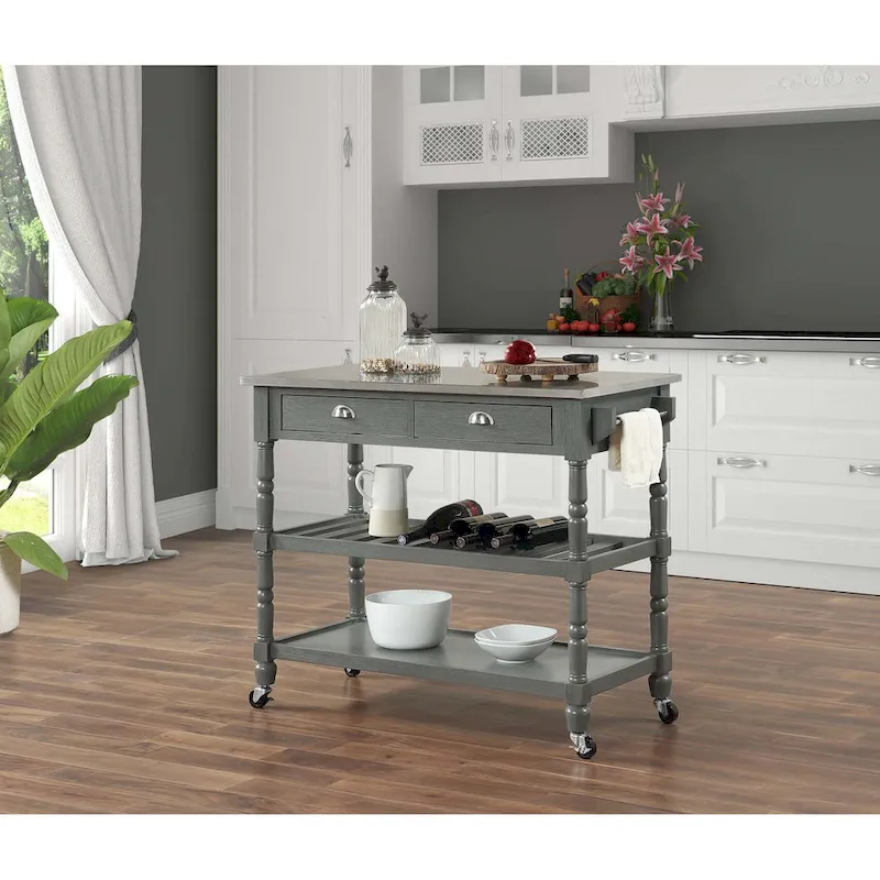 Convenience Concepts French Country 3 Tier Stainless Steel Kitchen Cart with Drawers